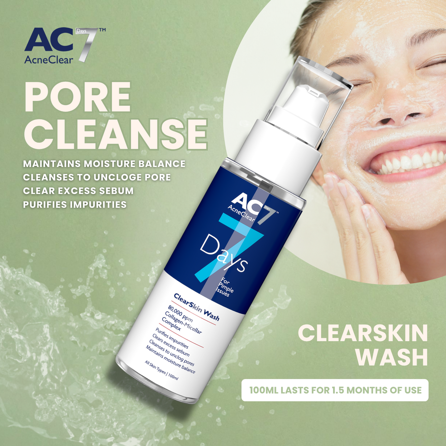 AC7D Face Wash ClearSkin 100ml (Low Stock) - Acne Clear 7 Days | Acne Treatment for Acne-Prone Skin | Purifies Impurities | Clear Excess Sebum | Maintain Moisture Balance | Glass Skin | Clear Skin