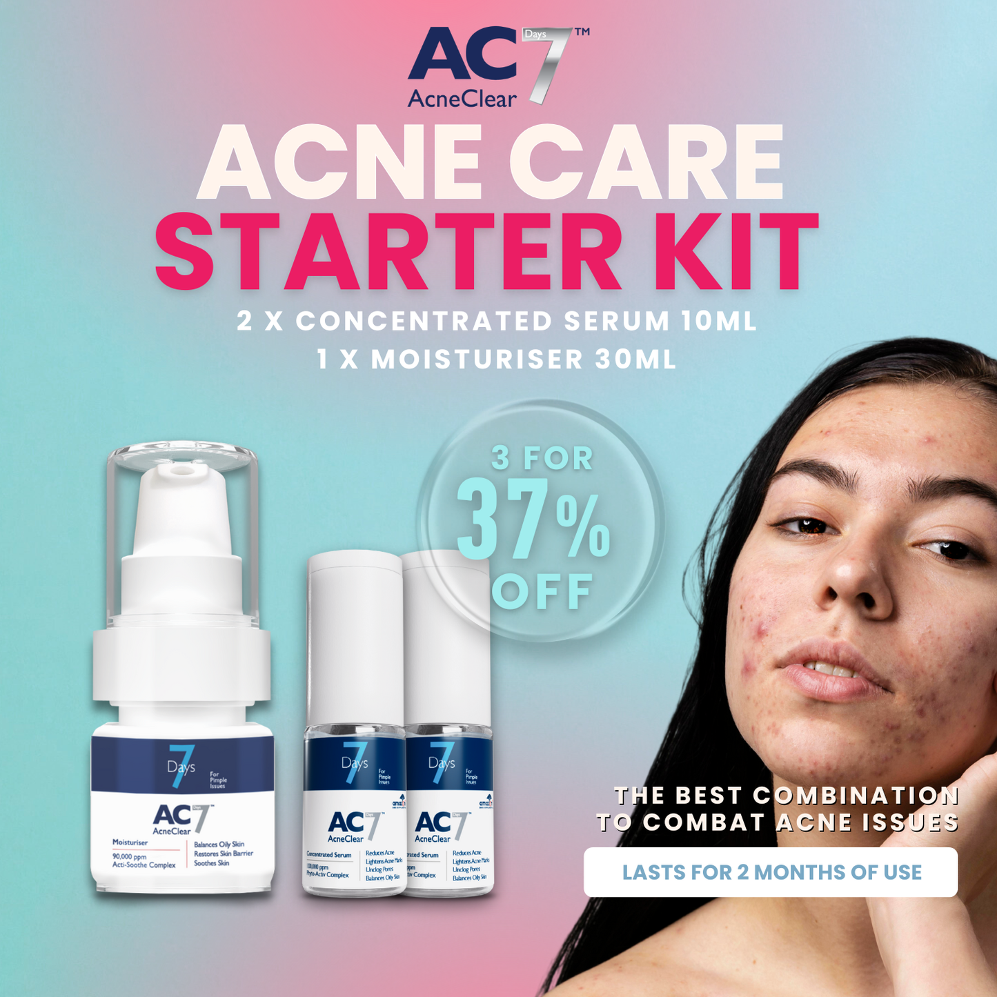 [2S+1M] AC7D 2x Serum Concentrated 10ml + 1x Moisturiser 30ml - Acne Clear 7 Days | Acne Treatment for Acne-Prone Skin | Lighten Acne Marks | Reduce Breakout | 7 days Visible Results | Hydrate & Soothe Skin | Reduce Inflammation | Fast-Acting | Clear Skin