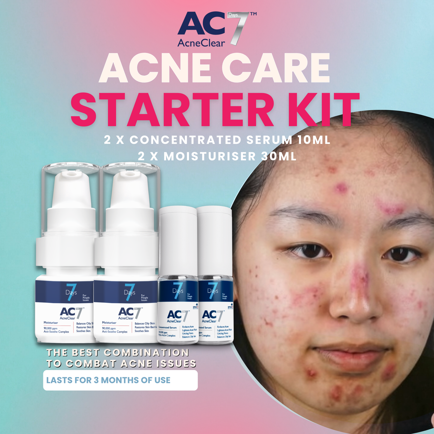 2x AC7D Acne Care Starter Kit (2xSerum 10ml + 2xMoisturiser 30ml)