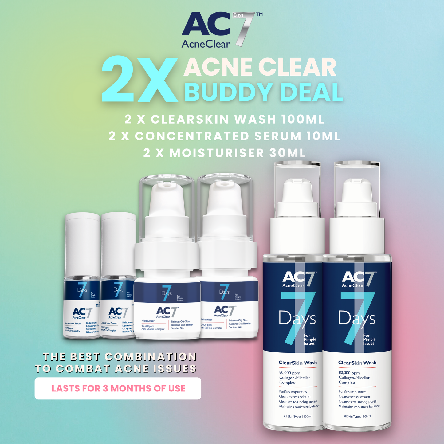 2x AC7D Acne Care Complete Kit (2xSerum 10ml + 2xMoisturiser 30ml + 2xClearSkin Wash 100ml)