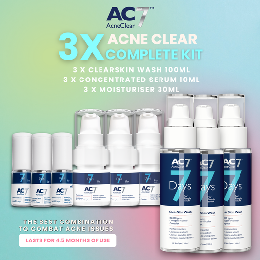 3x AC7D Acne Care Complete Kit (3xSerum 10ml + 3xMoisturiser 30ml + 3xClearSkin Wash 100ml)
