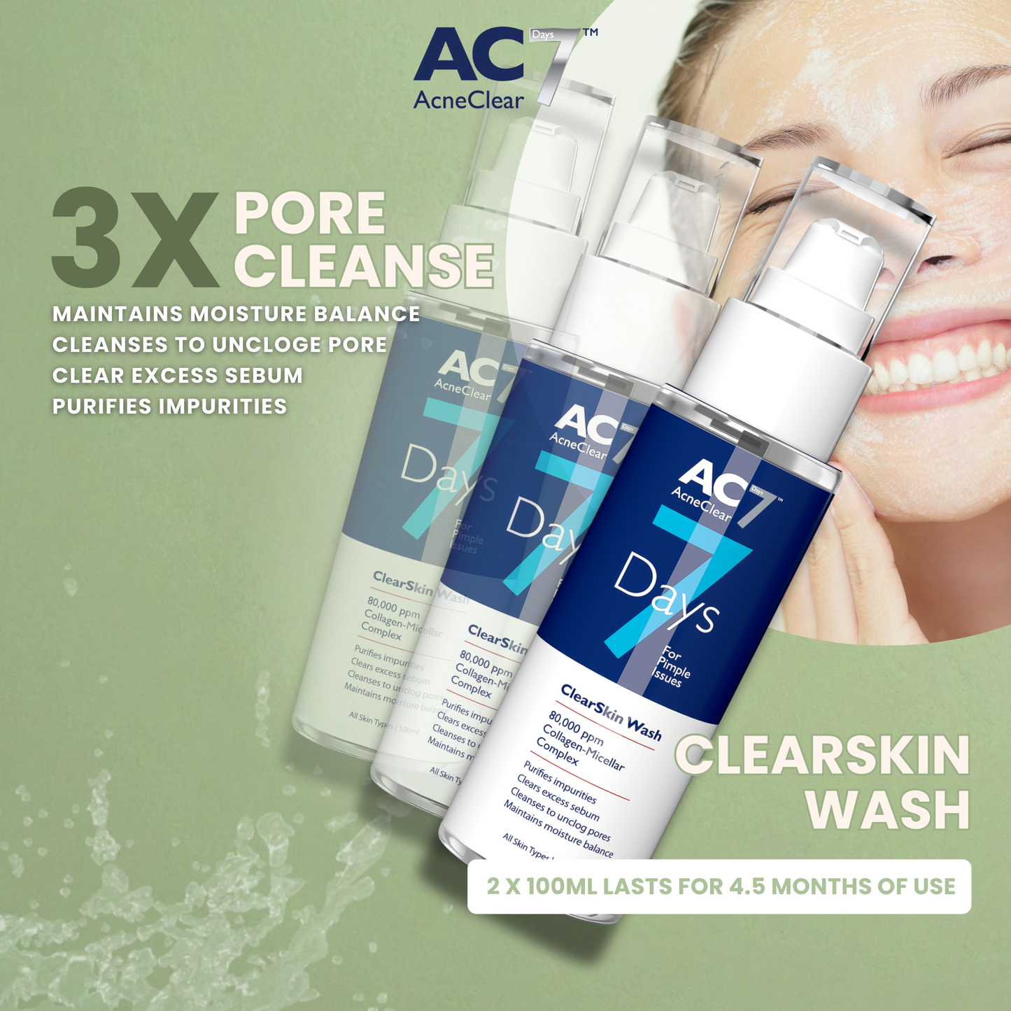 3 x AC7D Face Wash ClearSkin 100ml (Low Stock)
